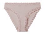 Light pink ribbed women's briefs with delicate lace trim.