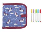 Unicorn-themed drawing book with five colorful markers.