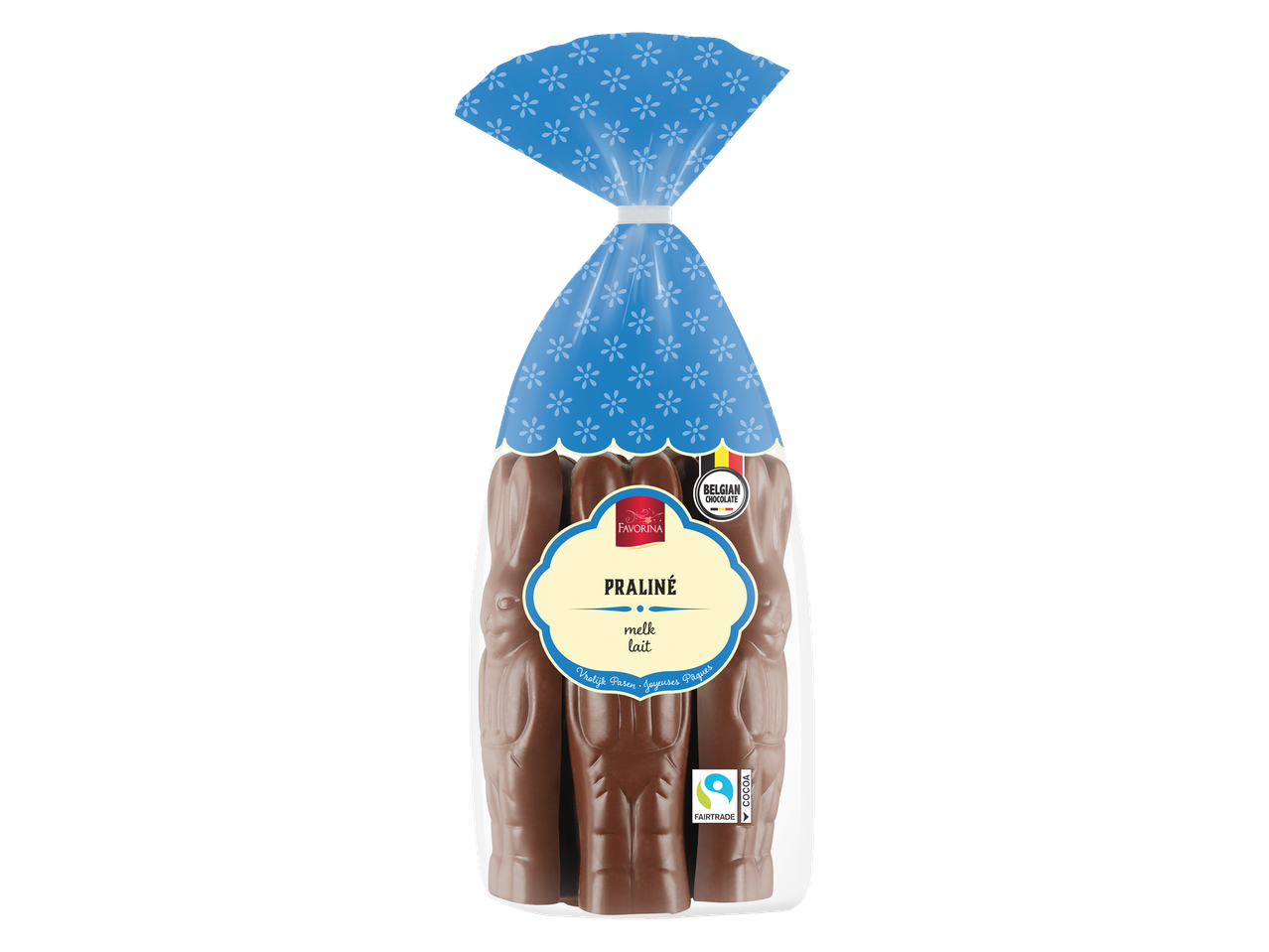 Favorina Praliné melkchocolade paashaasjes in een blauwe bloemenzak.