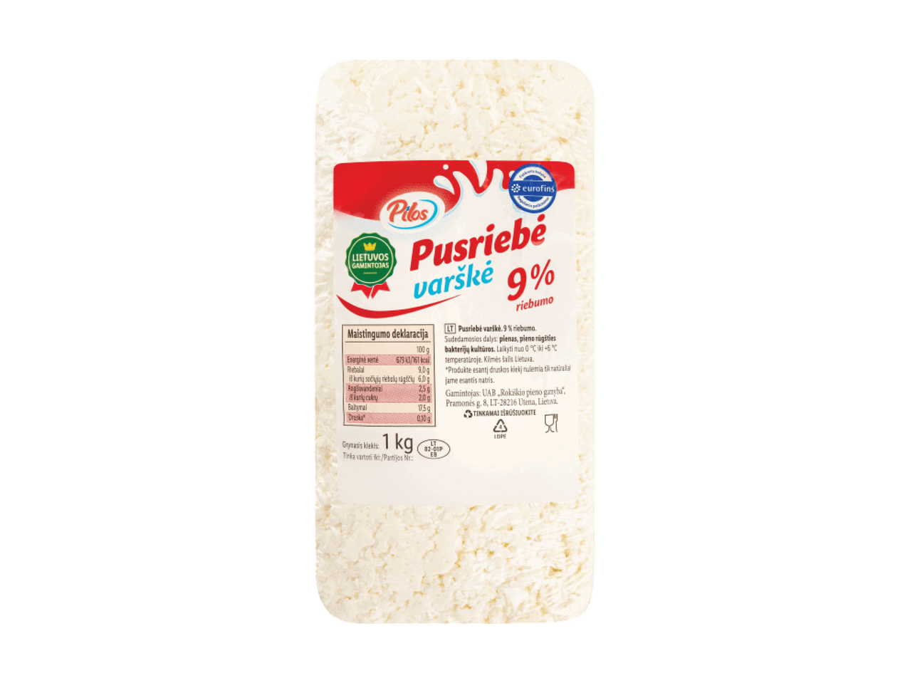1 kg Pilos 9% riebumo pusriebės varškės pakuotė.