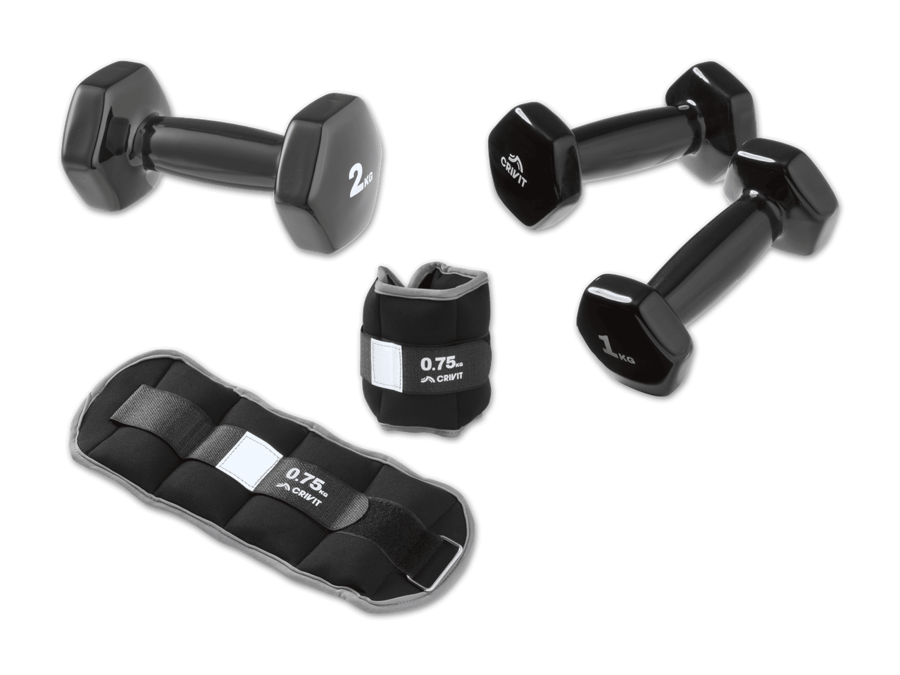 Hanteln und Gewichtsmanschetten von Crivit in Schwarz und Grau.