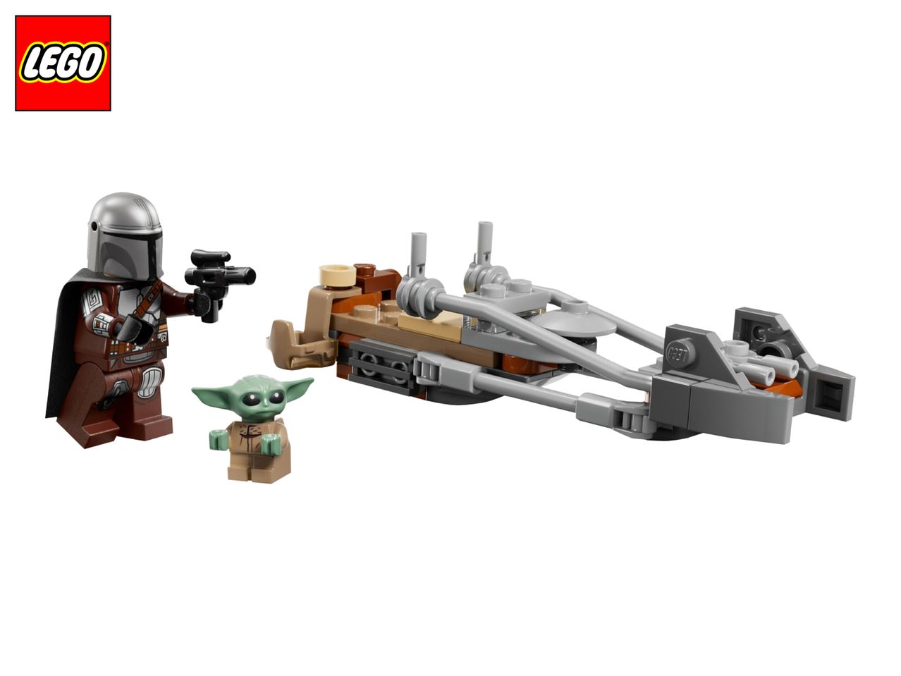Mandalorian and Grogu minifigures with a brown and grey speeder bike.