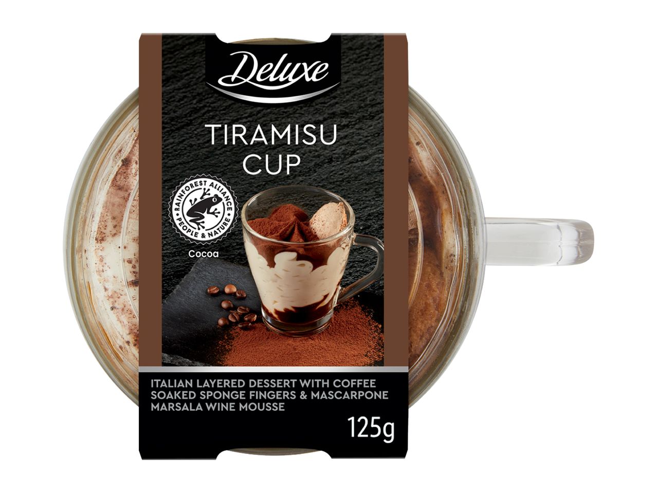 Tiramisu cup dessert with coffee-soaked sponge fingers and mascarpone Marsala wine mousse, 125g.