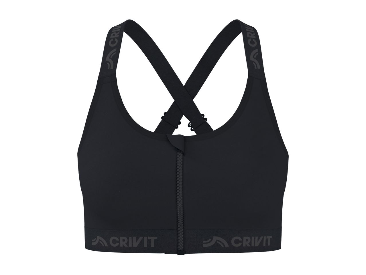 Black sports bra with a front zipper and criss-cross back straps.