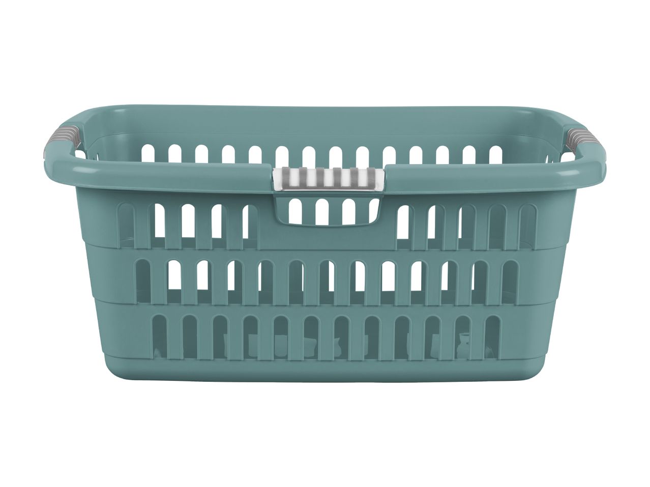 En blå plastik vasketøjskurv med grå håndtag.