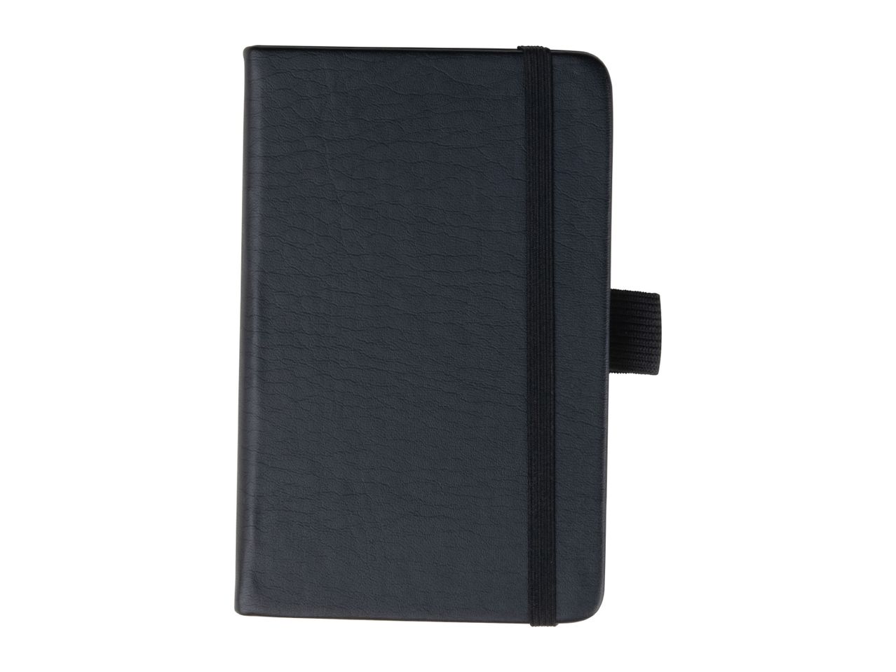 Closed black notebook with an elastic band closure and a pen loop.