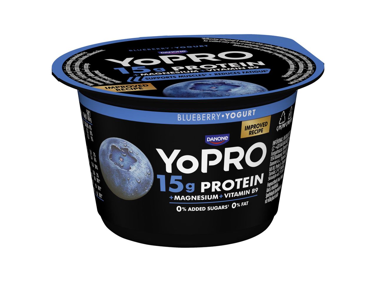 Danone YoPro áfonyás joghurt, 15 gramm fehérjével, magnéziummal és B9-vitaminnal.