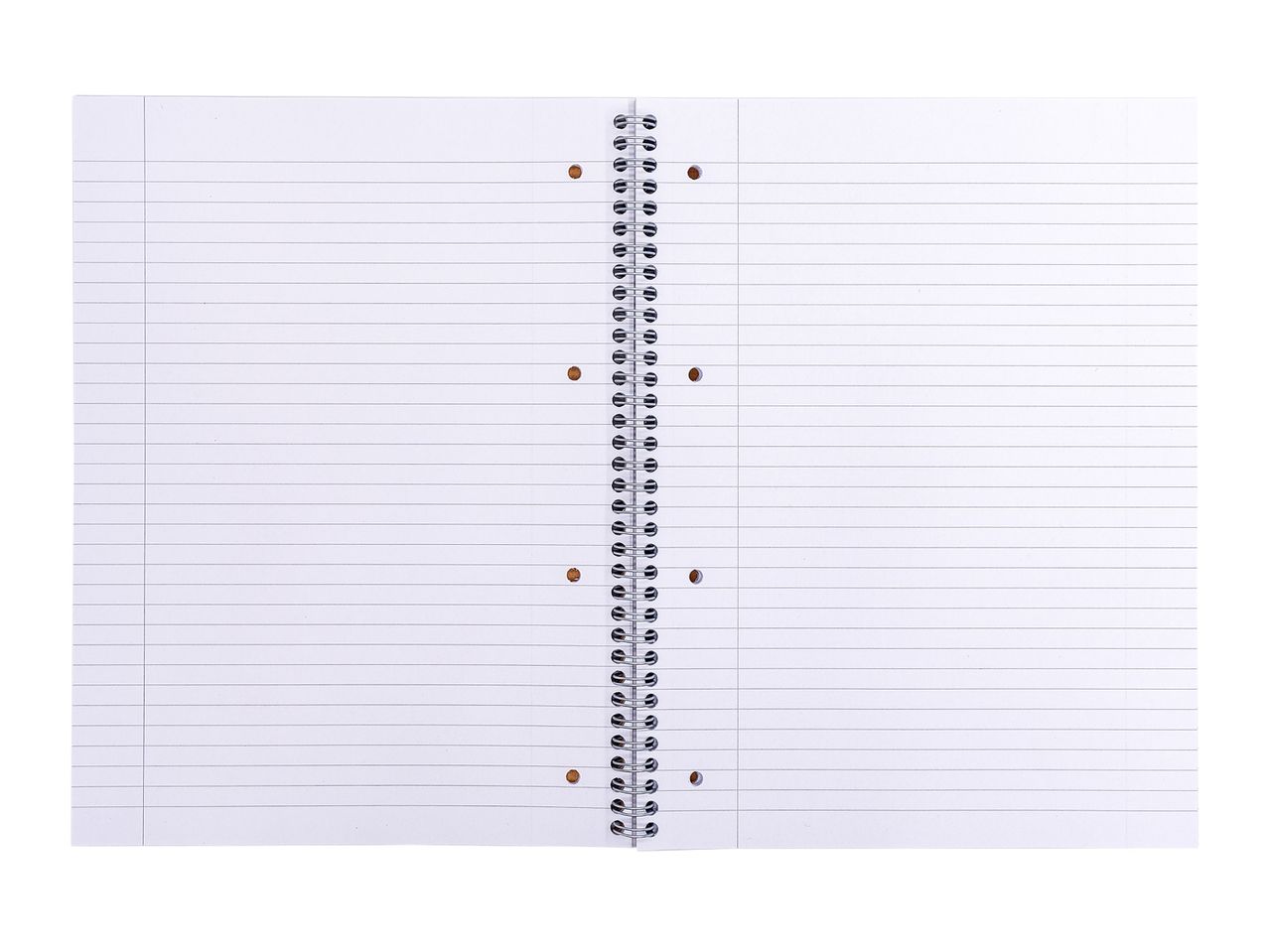 Open spiral-bound notebook with lined pages and punched holes, isolated on a white background.
