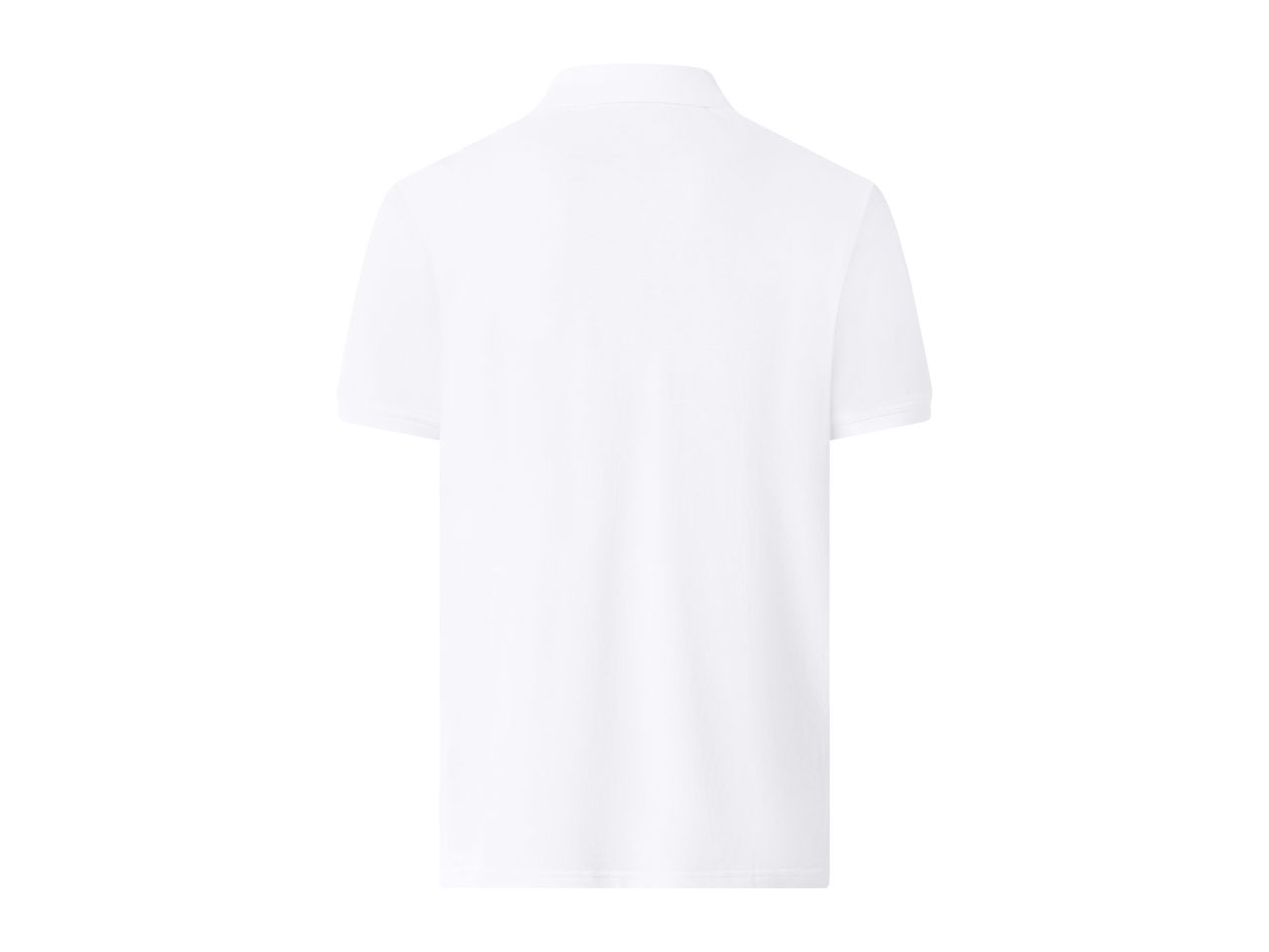 Back view of a plain white short-sleeved polo shirt with a collar.