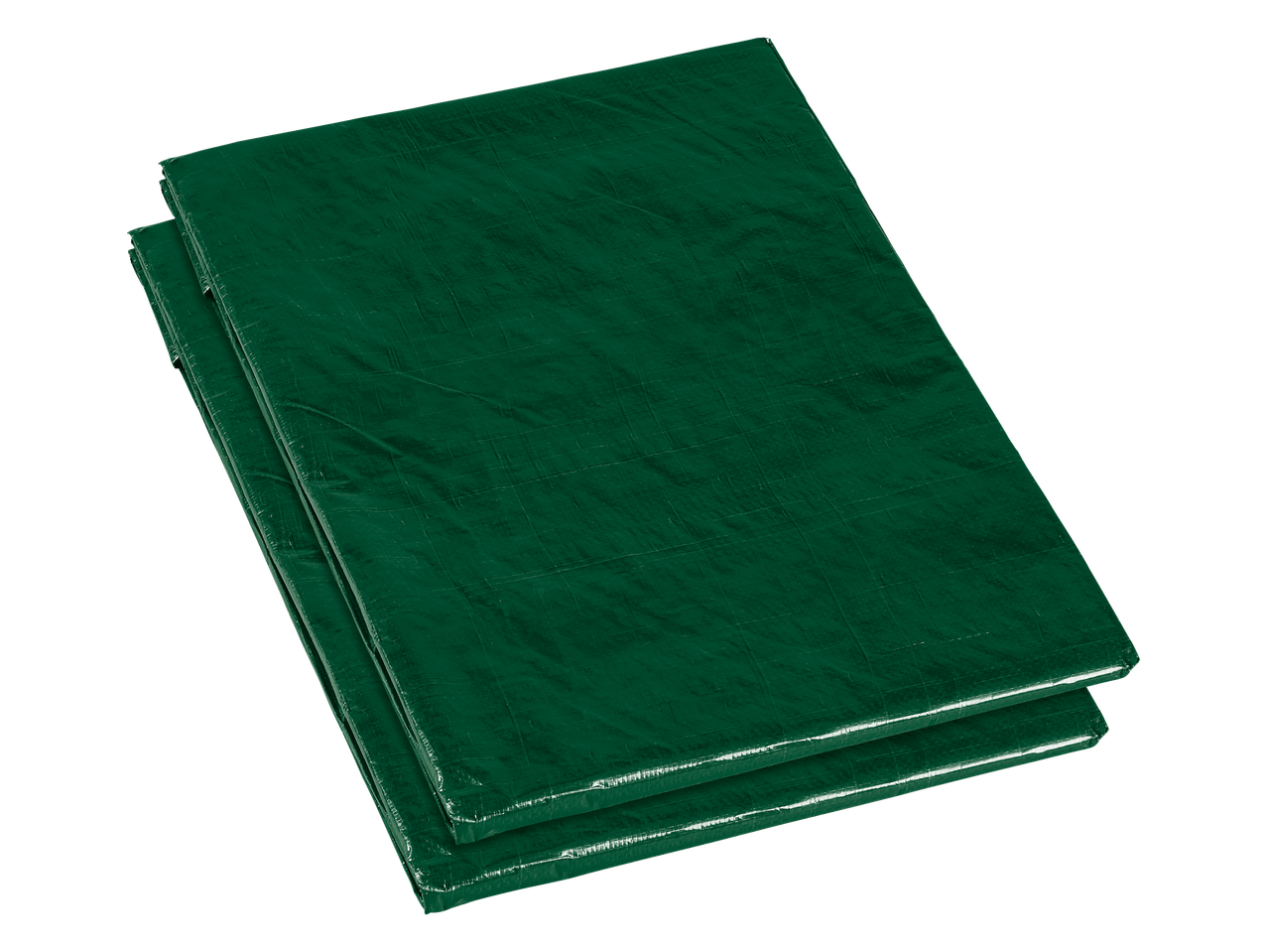 PARKSIDE® Tarpaulin Assortment: Two folded green tarpaulins stacked on a black background.
