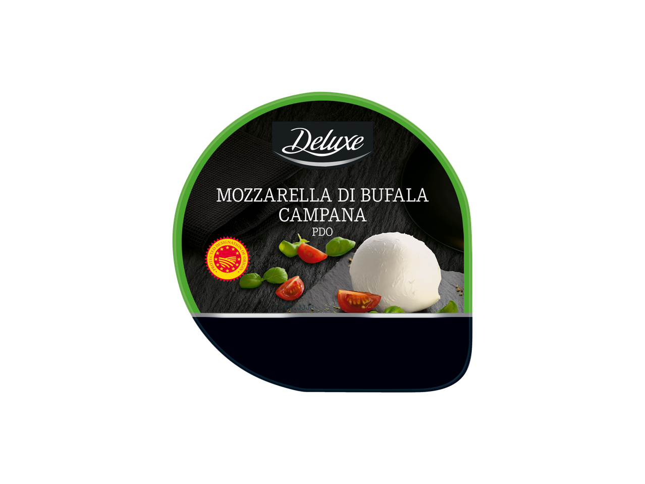 Deluxe Mozzarella di Bufala Campana PDO: värske juust rohelises pakendis.