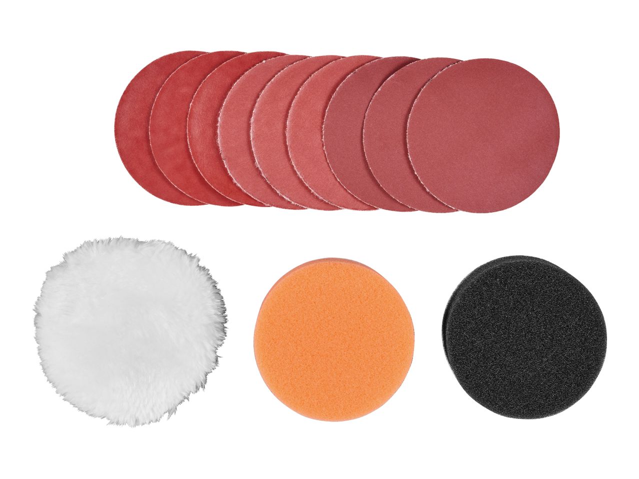 A set of red sanding discs, a white polishing bonnet, an orange foam pad, and a black foam pad.