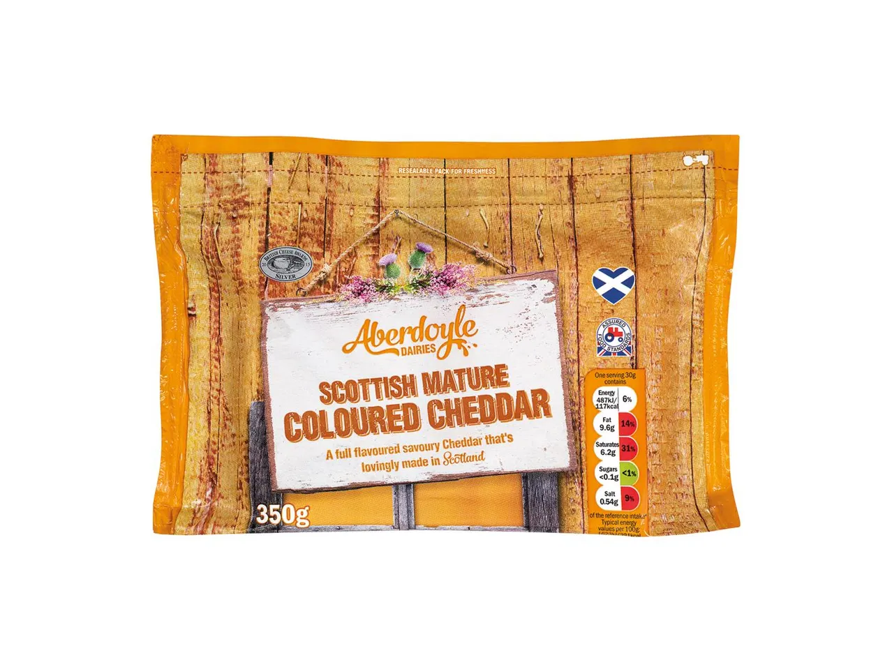 350g Aberdeyle Dairies mature coloured Scottish Cheddar.