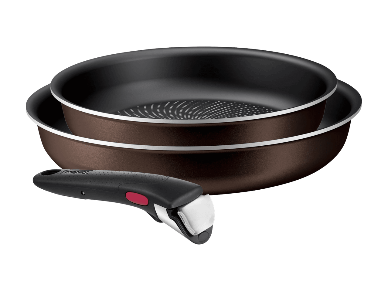 To brune pander med sort non-stick belægning og et aftageligt håndtag.
