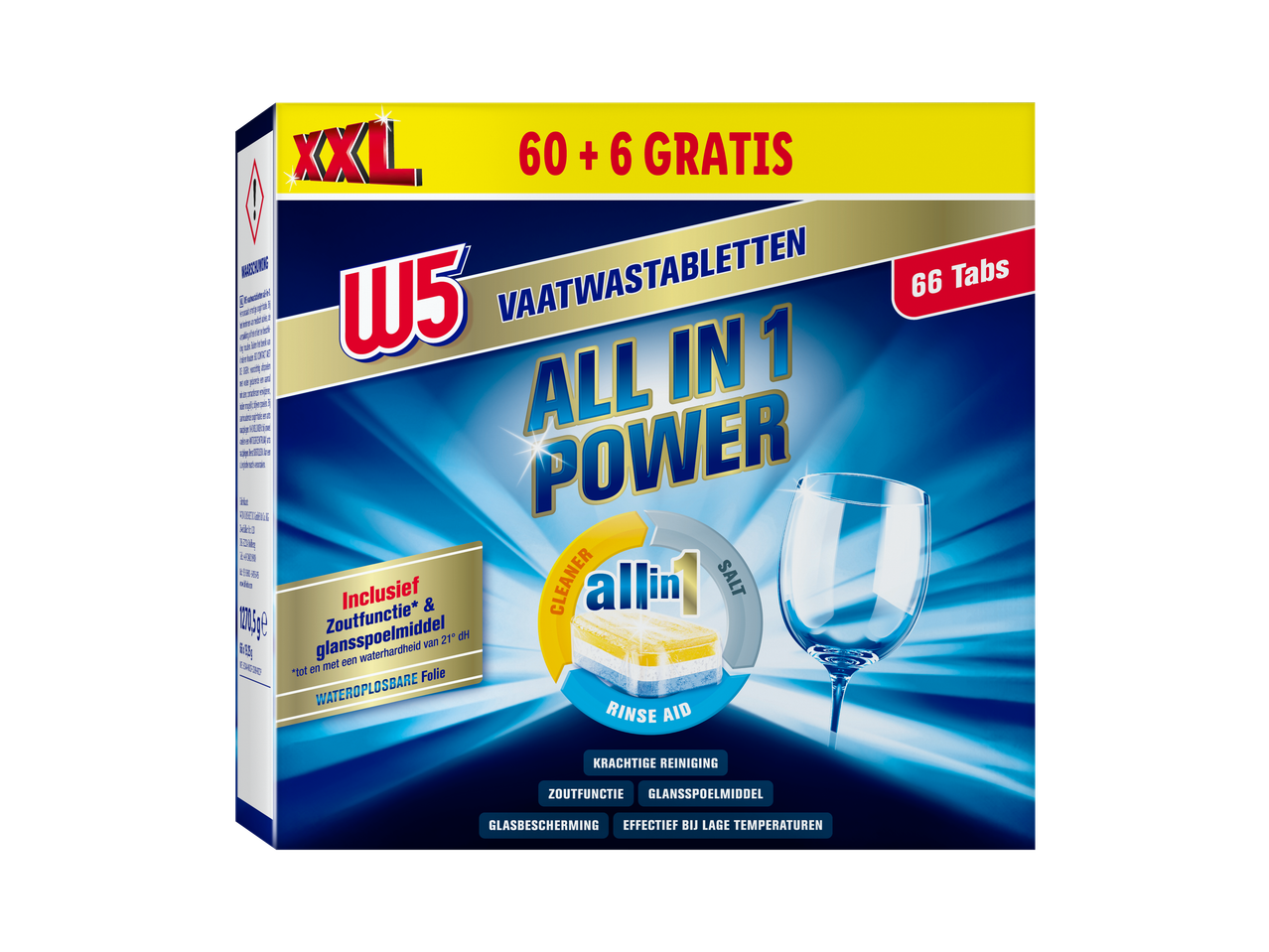 W5 All in 1 Power vaatwastabletten met 60+6 gratis tabs.