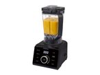 Black blender with a digital display and a pitcher filled with yellow smoothie