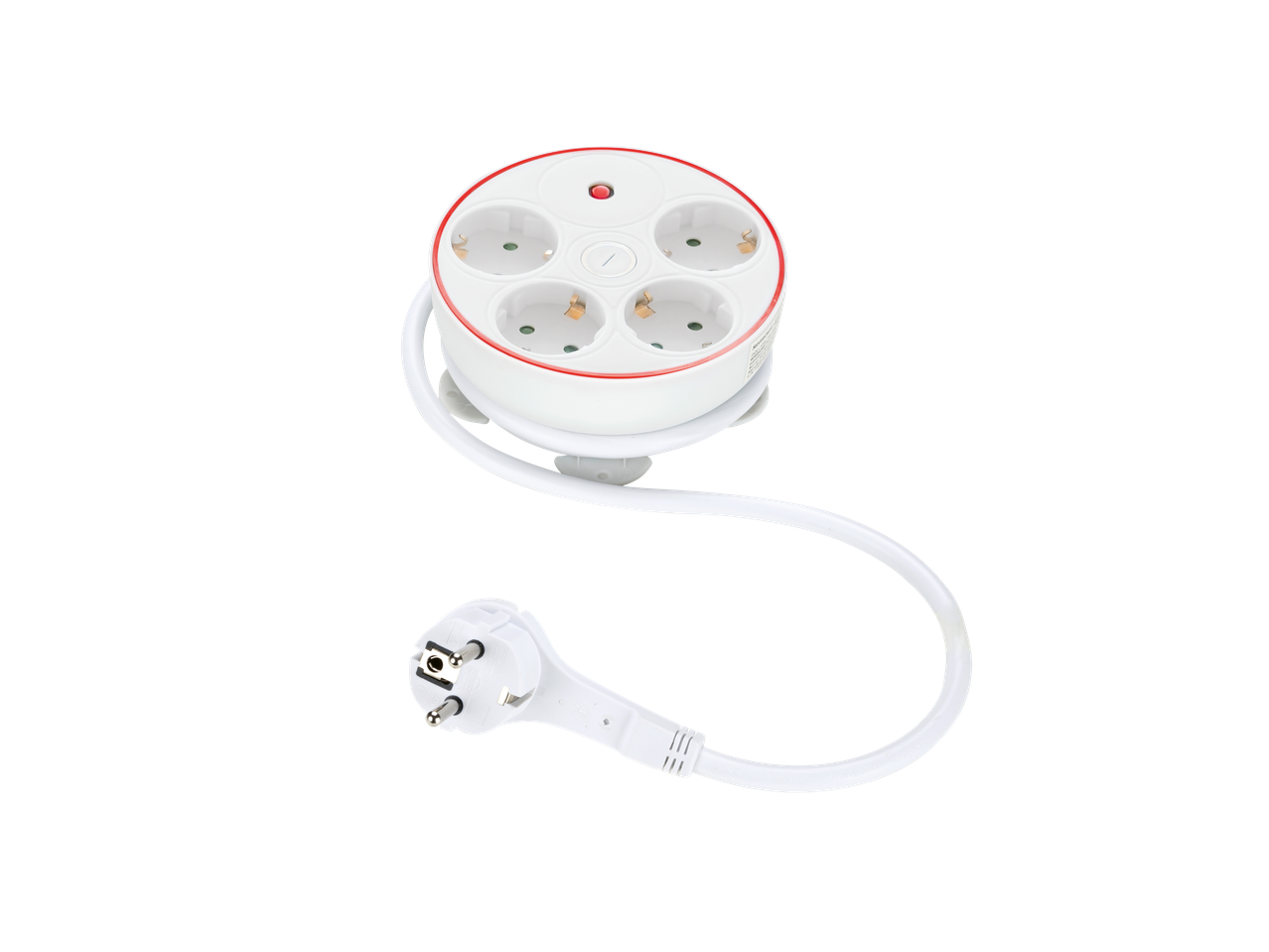 Valge ümmargune pikendusjuhe viie pistikupesa ja punase rõngaga