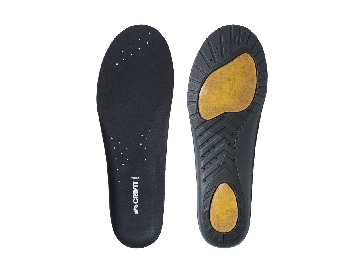 Two black shoe insoles, one showing the top with white dots, the other the bottom with yellow pads.