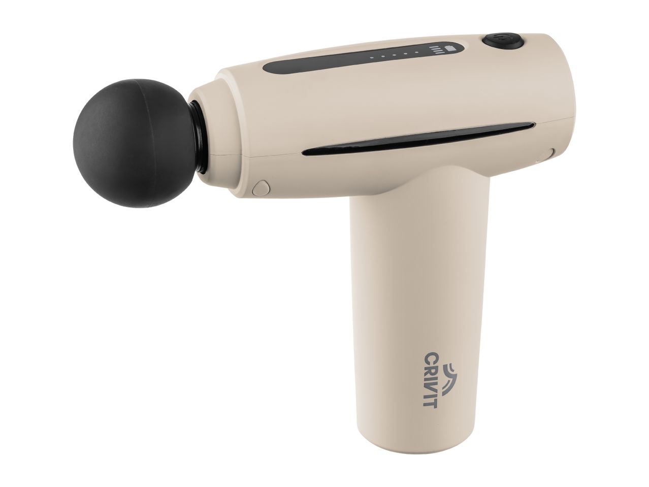 Beige massage gun with a black spherical attachment and power level indicators.