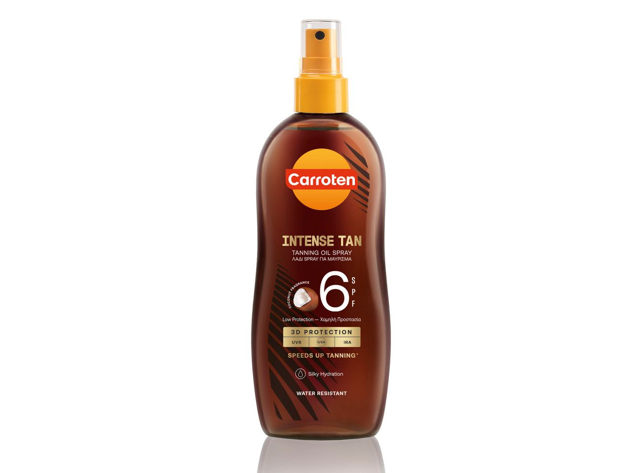 Σπρέι αυτομαυρίσματος Caroten Intense Tan, SPF 6, επιταχύνει το μαύρισμα.