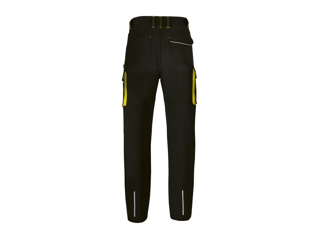 Black work trousers with yellow accents and reflective strips