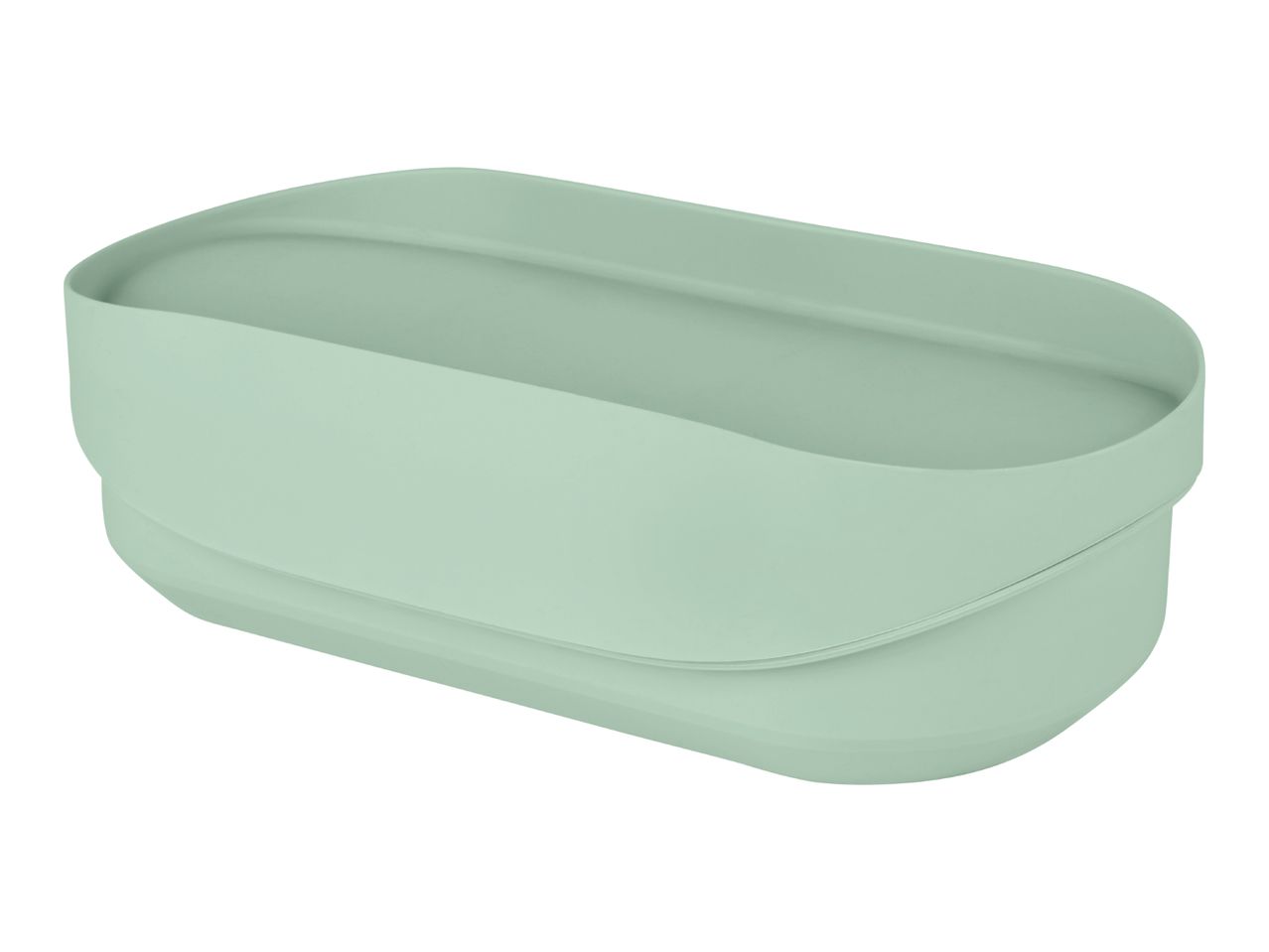 Light green rectangular storage container with rounded corners and a lid.