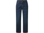 Donkerblauwe herenjeans met rechte pijpen en gele stiksels.