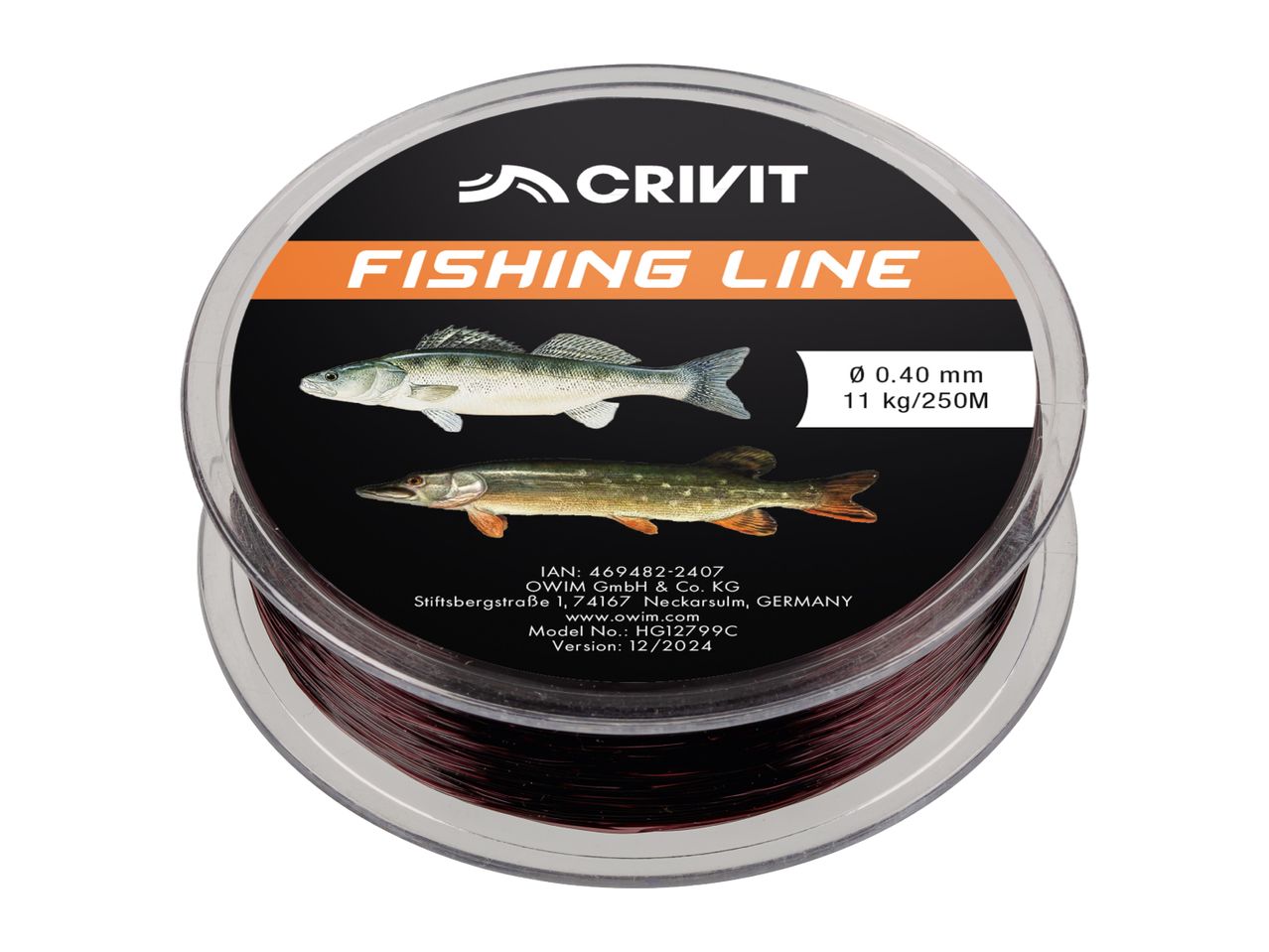 Fishing line spool with fish illustrations, showing diameter, strength, and length.