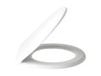 White toilet seat with the lid partially open, isolated on a white background.
