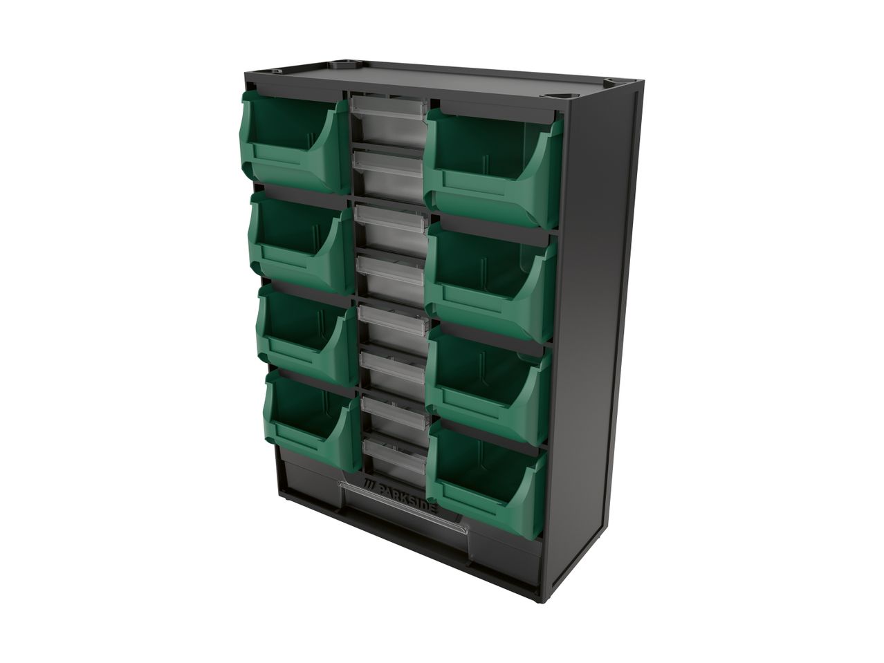 A Parkside wall-mounted storage unit with green and clear plastic bins.