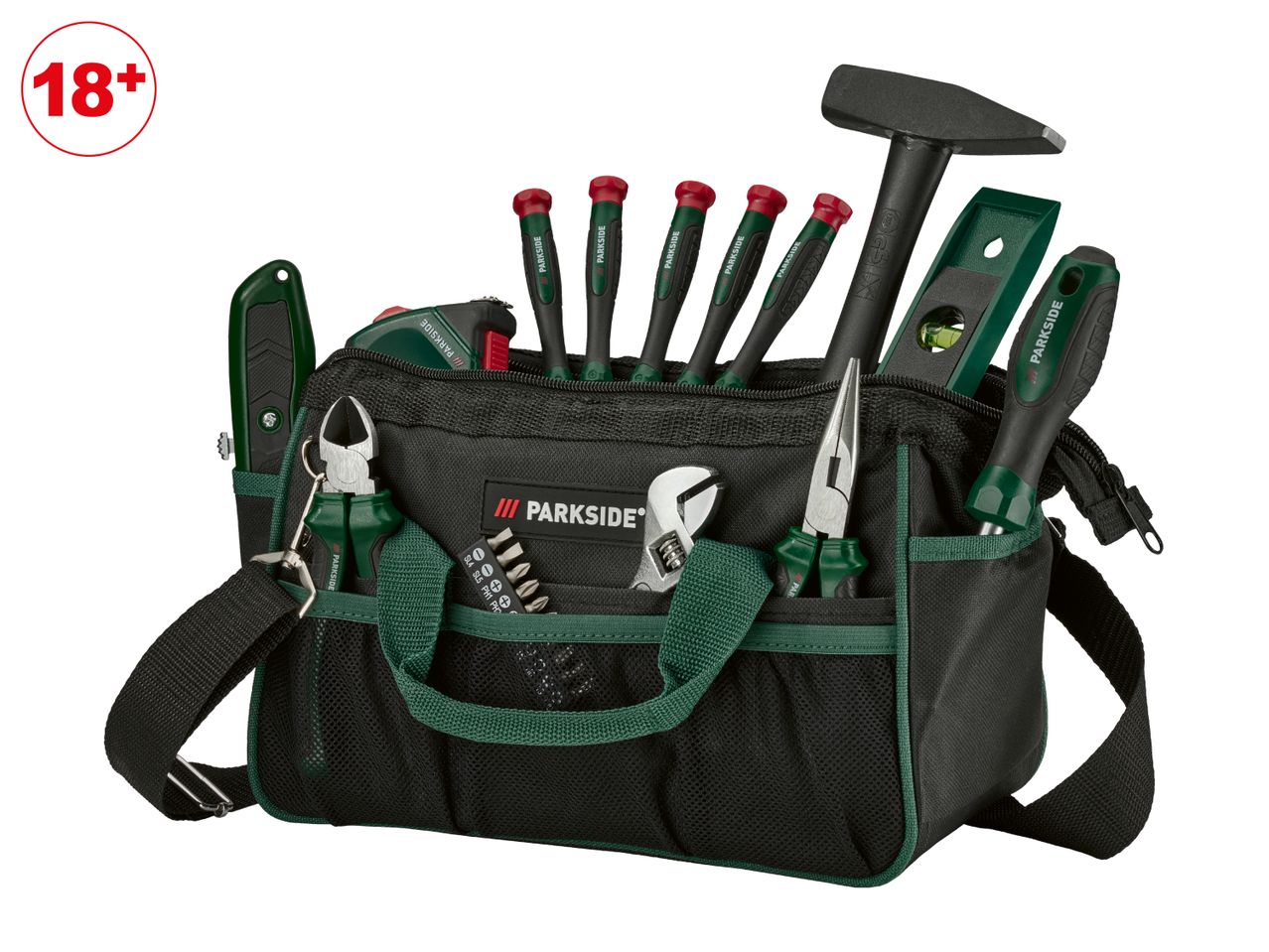 Tool bag with various hand tools including screwdrivers, hammer, level, and pliers.