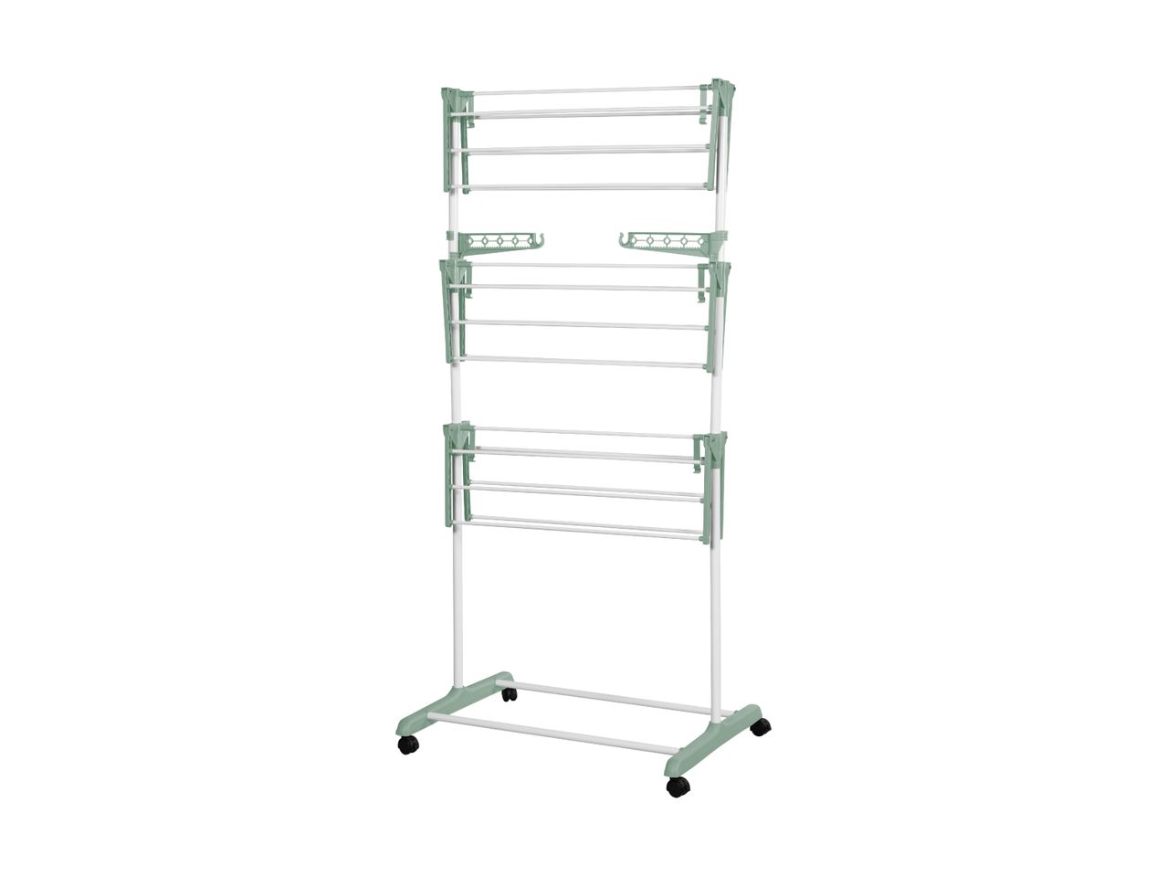 A tall, multi-tiered clothes drying rack with light green plastic accents and white metal bars.