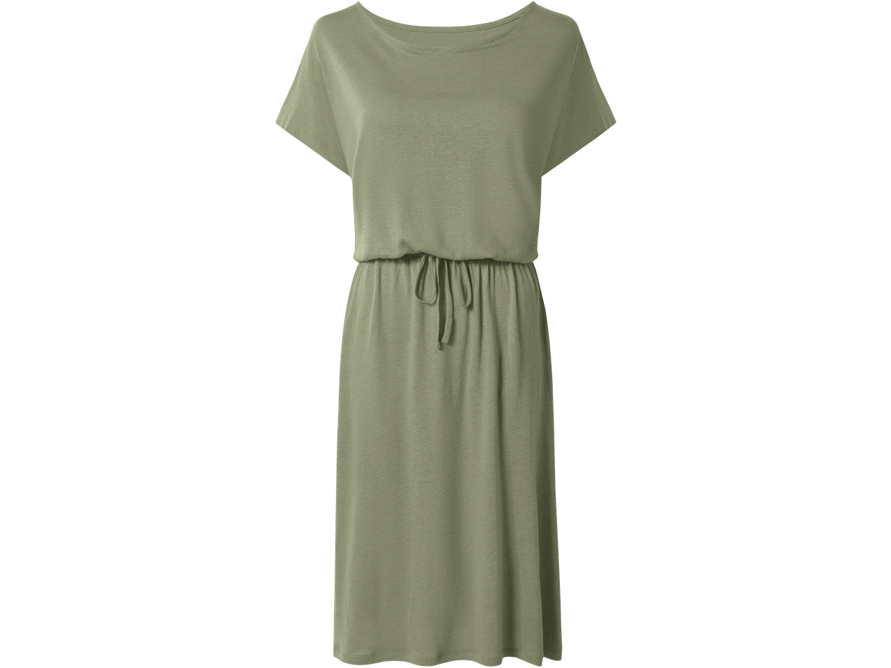 Vestido feminino Esmara verde-oliva com mangas curtas e cordão na cintura.