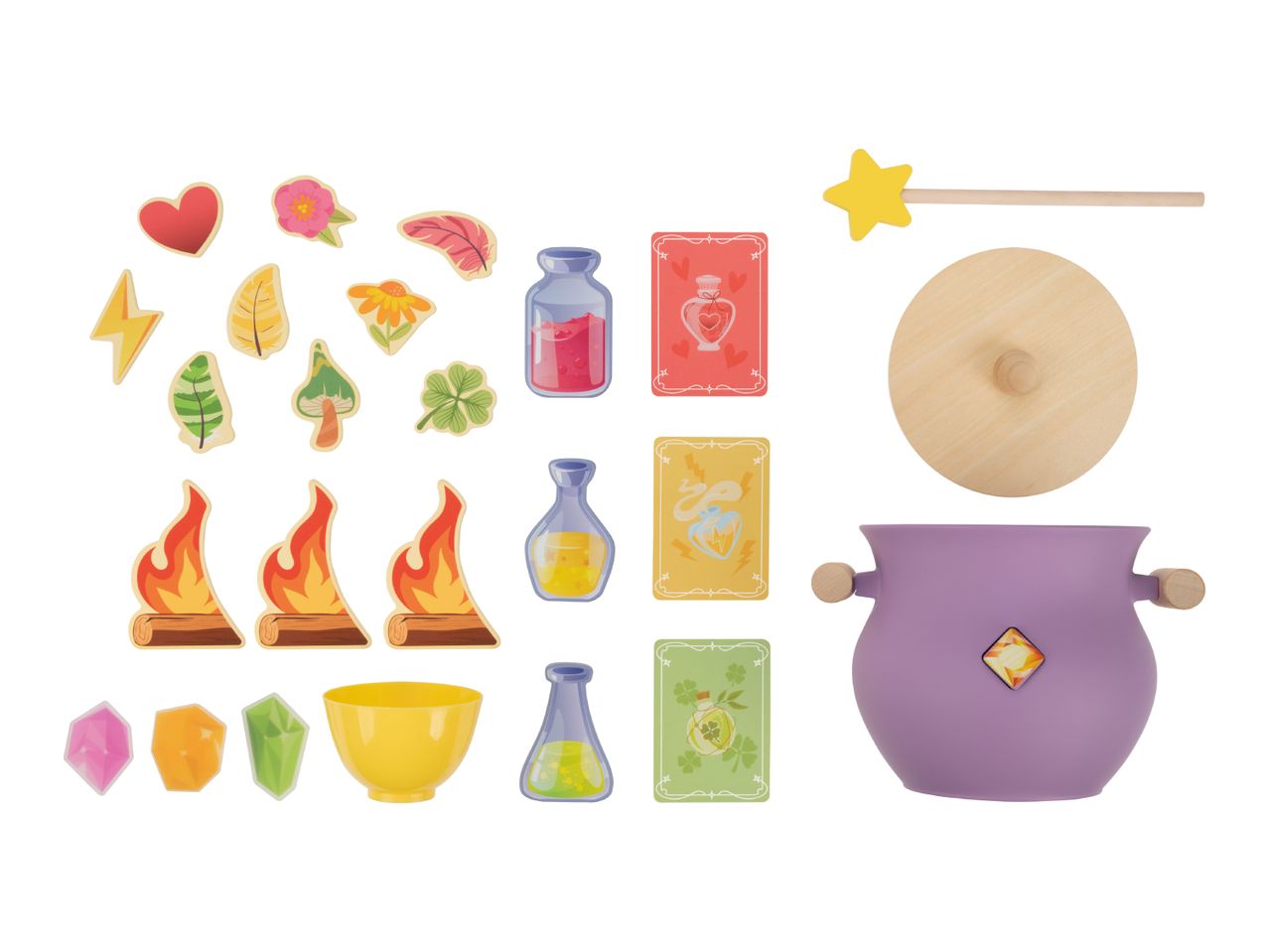 A magical potion play set with a purple cauldron, wooden lid, wand, and various spell ingredients.