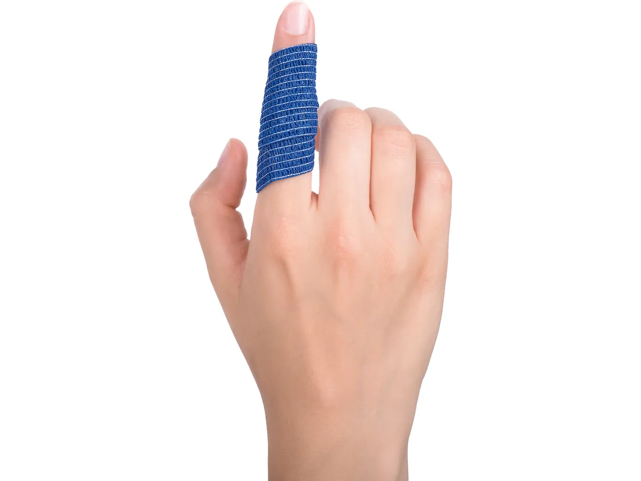 Hand with a blue Sensiplast finger bandage, part of a tape and bandages assortment.