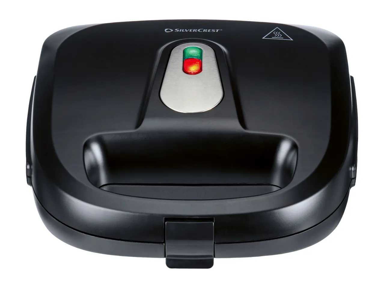 Black sandwich maker with green and red indicator lights and a hot surface warning symbol.
