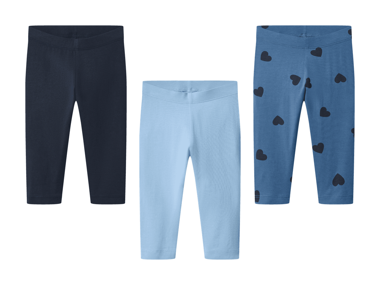 Tre par leggings til babyer: mørkeblå, lyseblå og blå med sorte hjerter.