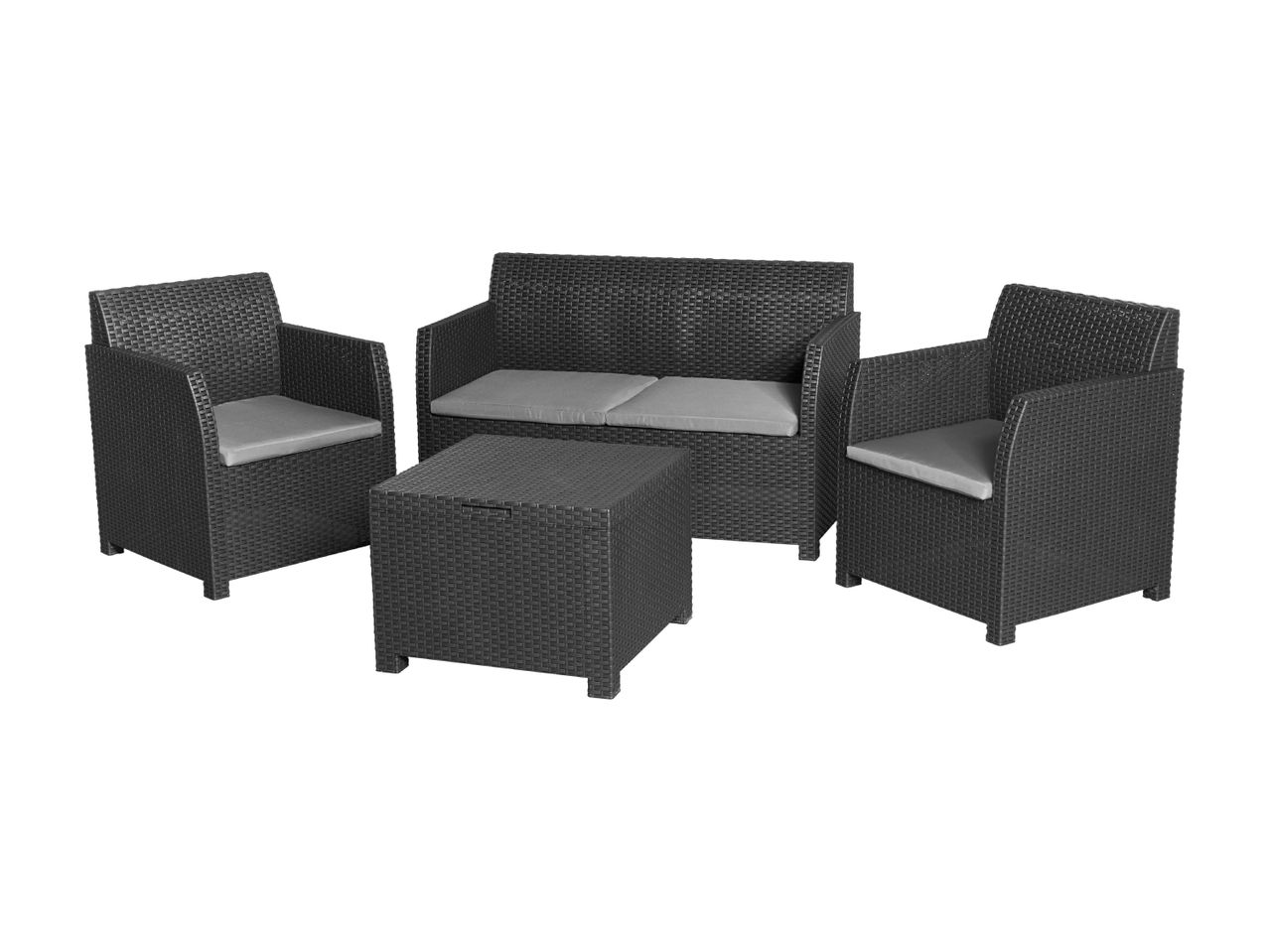 Dark grey rattan garden furniture set with two armchairs, a two-seater sofa, and a coffee table.