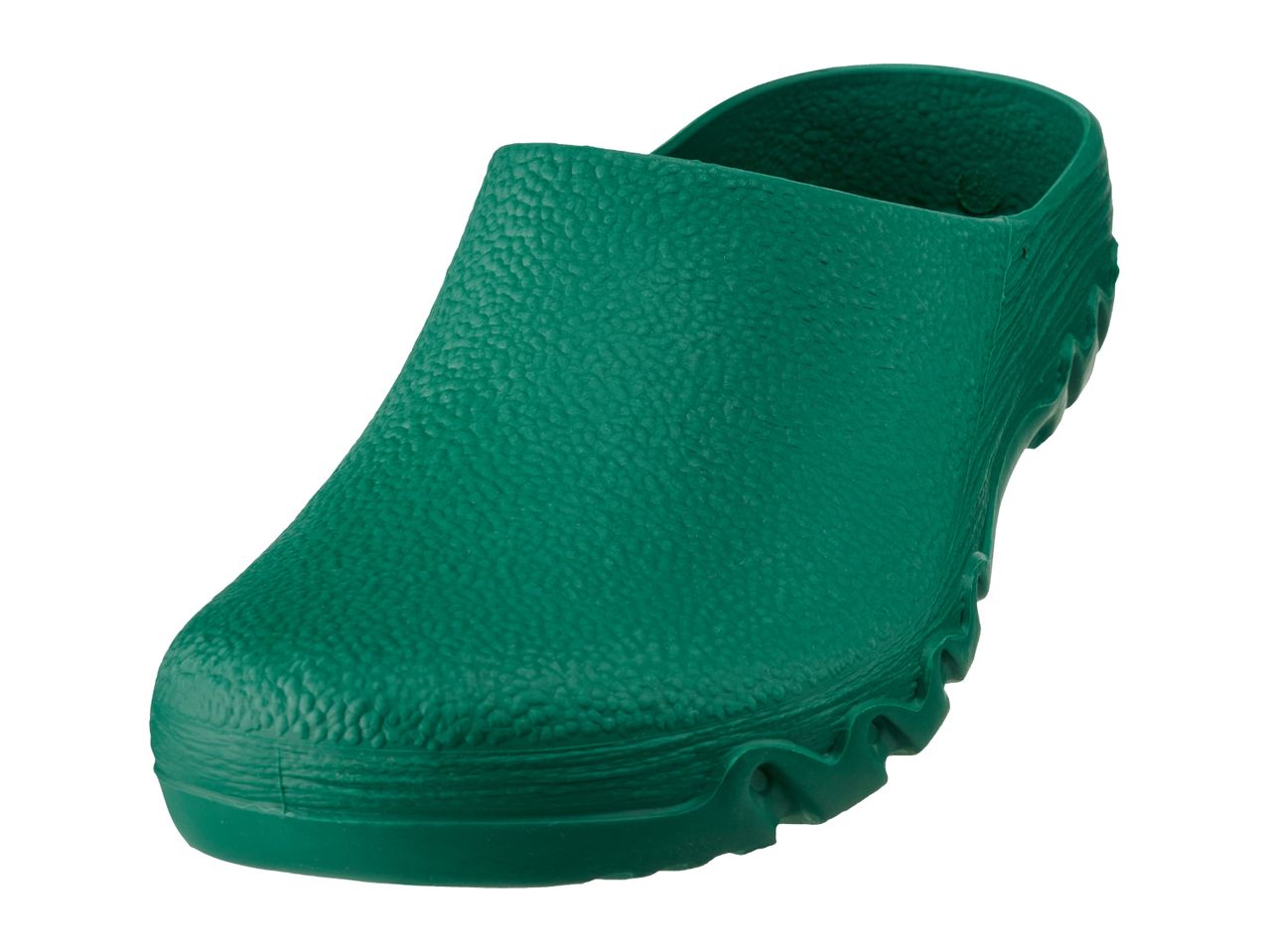 Single green gardening clog with a textured surface, viewed from an angle.