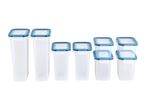 Set of clear plastic food storage containers with blue airtight lids
