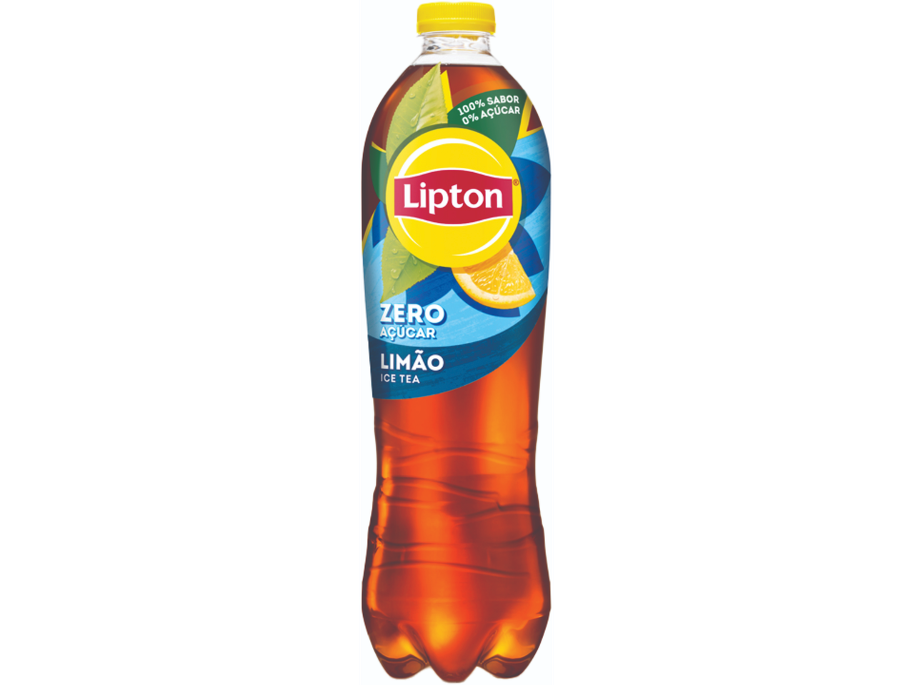 Garrafa de chá gelado de limão sem açúcar com rótulo azul e amarelo.