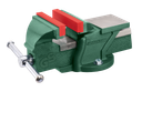 A Parkside bench vise with red protective jaw inserts.