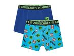 Two pairs of Minecraft boys' boxer shorts; one blue, one light blue with Minecraft designs.