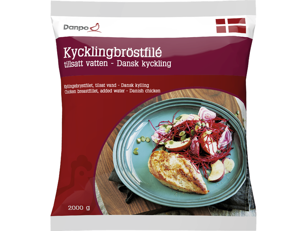 Danpo kycklingbröstfilé (2000g), dansk kyckling med tillsatt vatten.