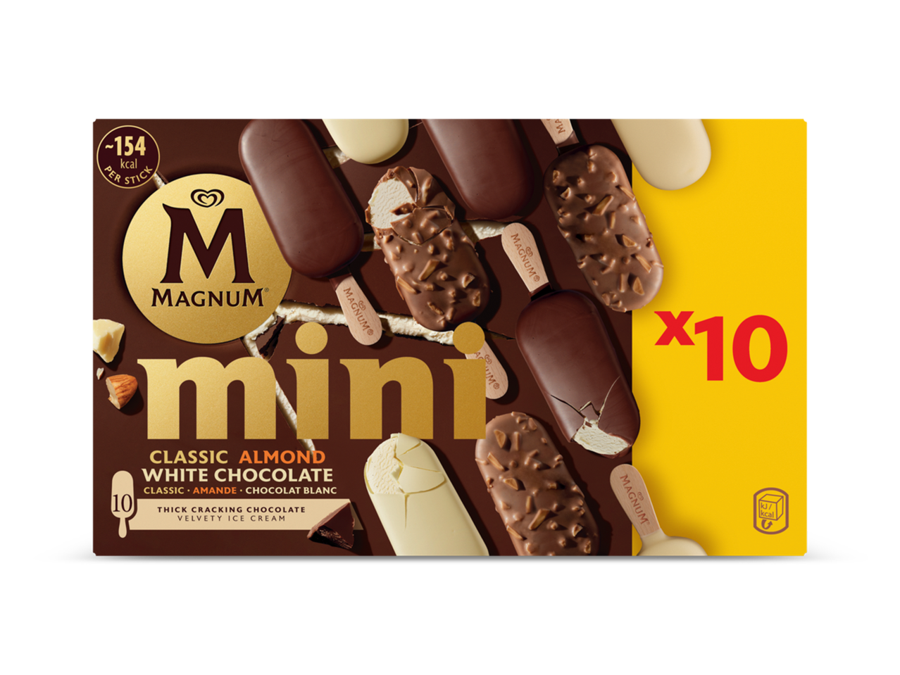 Doos met 10 mini-ijsjes met chocolade en amandelen, inclusief witte chocolade, met 154 kcal per stuk.