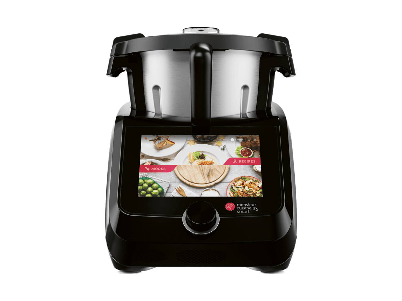 Schwarze multifunktionale Küchenmaschine mit großem Farbdisplay und Edelstahl-Mixbehälter.