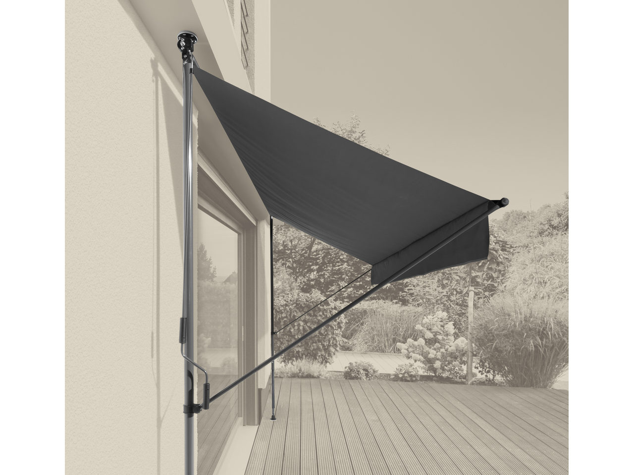 LIVARNO Klemmmarkise: Szürke napellenző erkélyen, kilátással a kertre.