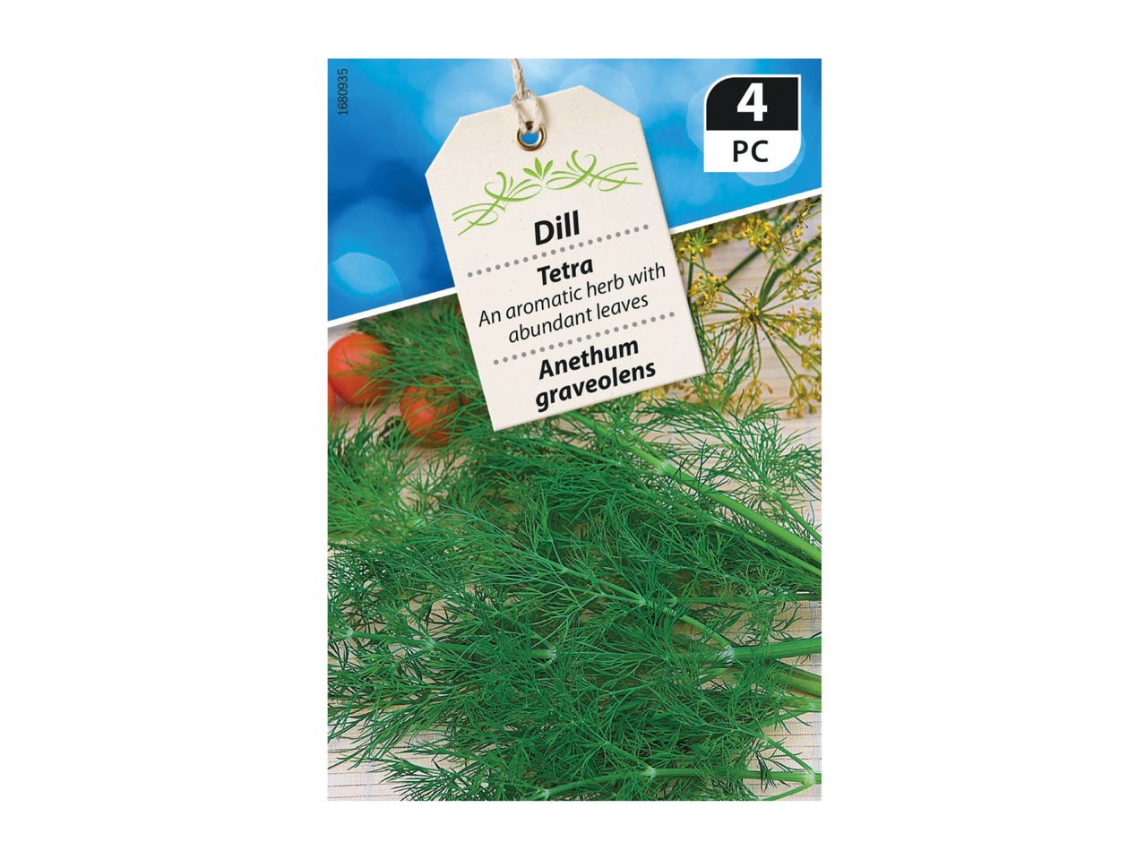 Dill Tetra seed packet with fresh dill, tomatoes, and dill flowers