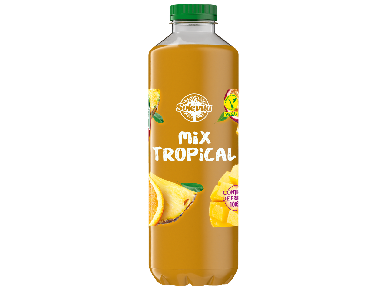 Solevia Mix Tropical: Suc vegan de fructe tropicale într-o sticlă de plastic.