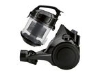 Black bagless vacuum cleaner with a transparent dust container detached from the main unit.